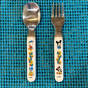 Vintage Baby Disney Wht. Spoon & Fork Set w/ Mickey, Minnie, Daisy, & Donald.